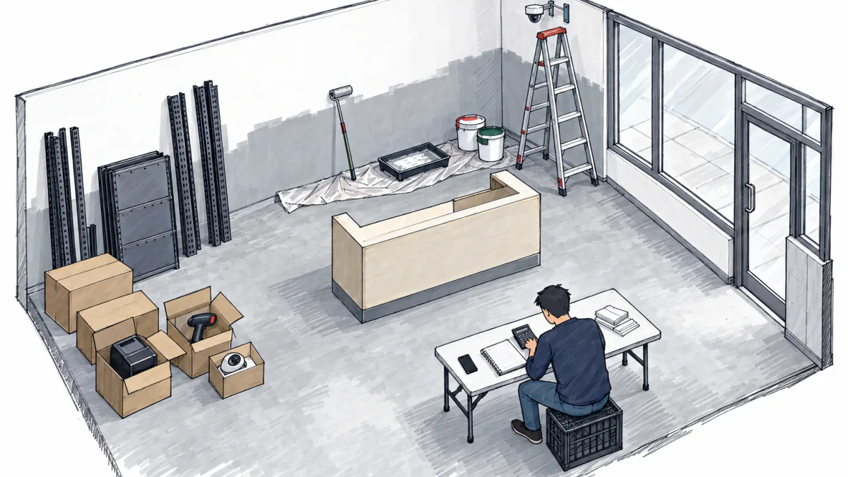 An empty ground-floor room mid fit-out: half-painted walls, flat-packed shelving, unopened boxes and a founder with a calculator and receipts