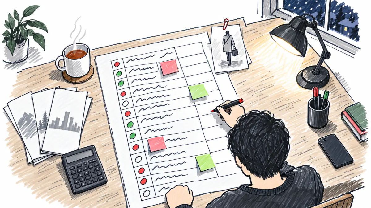 A large paper sheet ruled into a grid of rows, most cells scribbled in, some empty or under sticky notes
