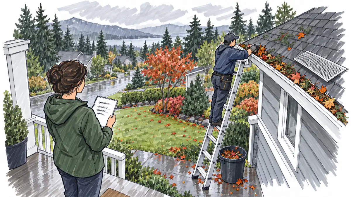 Marker sketch of a person on a porch with a notebook while a worker on a ladder clears leaves from a house gutter under fir trees