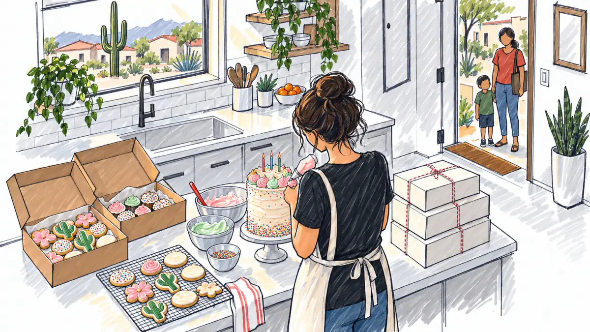 Hand-drawn sketch of a home baker frosting a birthday cake in a sunny kitchen, with cookie boxes nearby and a parent and child at the door
