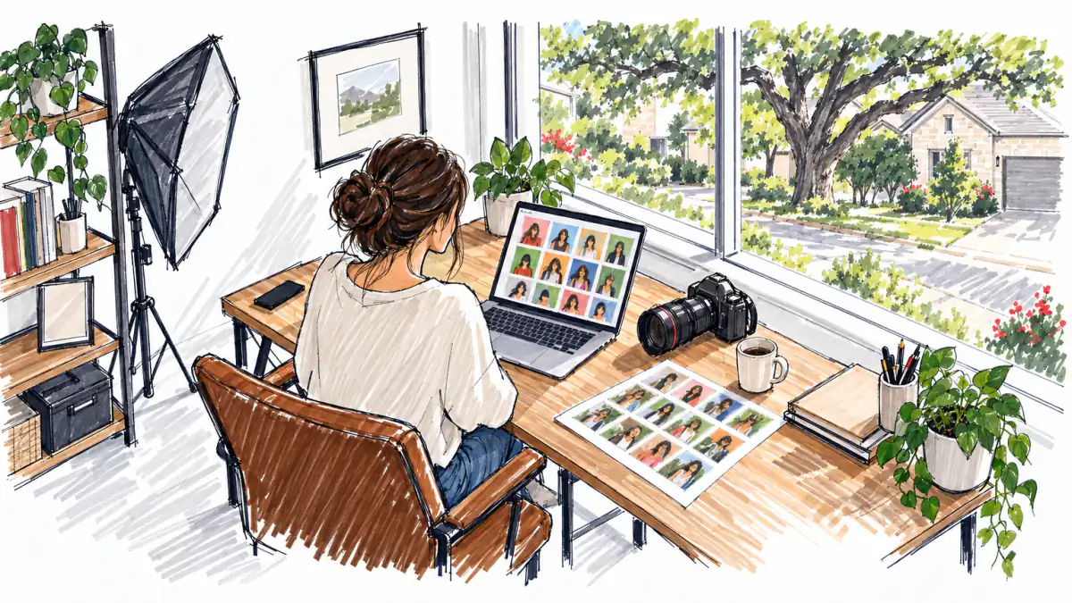 Marker sketch of a photographer at a home desk viewing portrait thumbnails on a laptop, a camera and softbox nearby, sunlit window