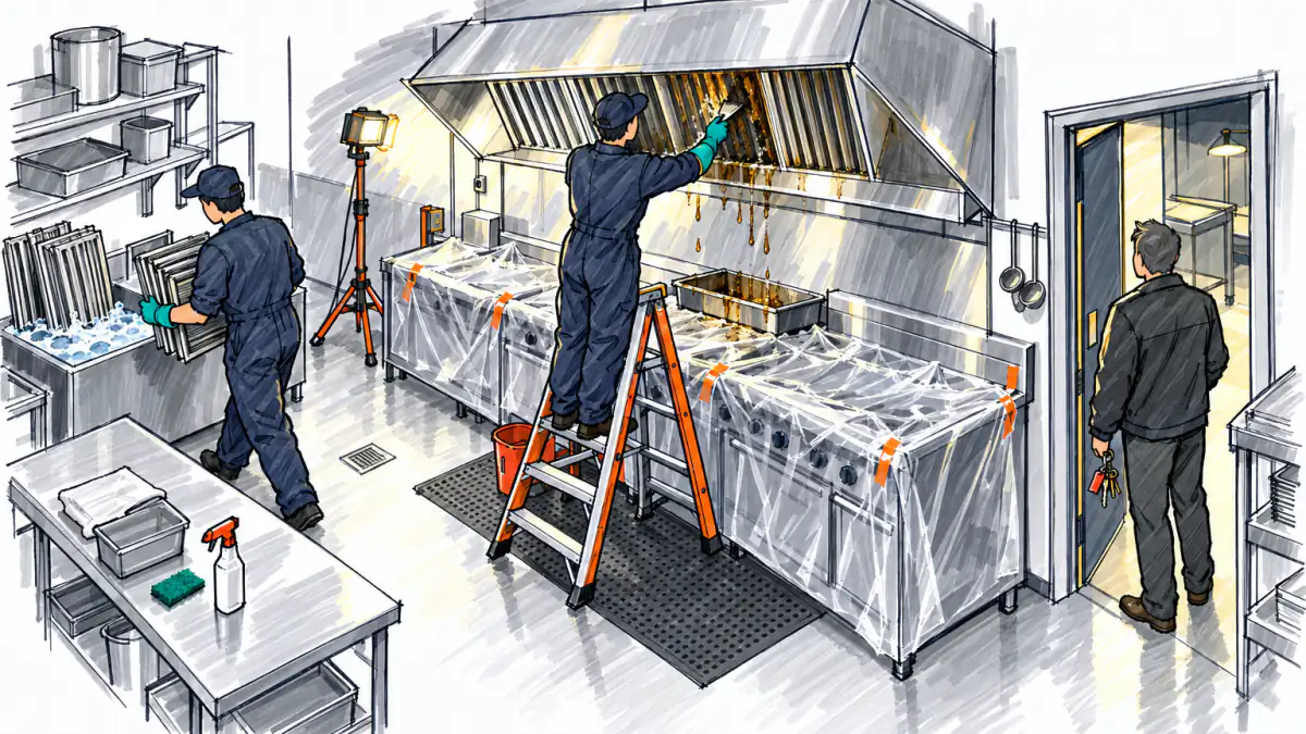 Marker sketch of a crew cleaning a restaurant exhaust hood at night while a manager holding a ring of keys waits in the doorway