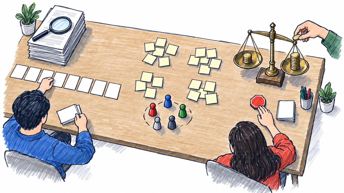 Overhead sketch of hands sorting blank cards and sticky notes on a table beside a brass balance scale holding two coin stacks
