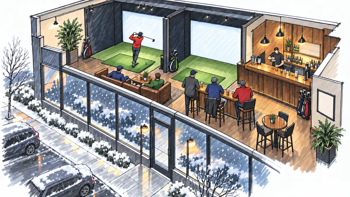 Marker sketch of an indoor golf lounge: a golfer swings at a simulator bay while friends watch from a bar as snow falls outside