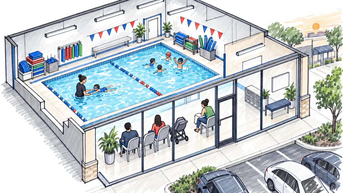 Marker sketch of an indoor pool in a strip-mall unit, an instructor teaching a child while parents watch from chairs by a glass wall