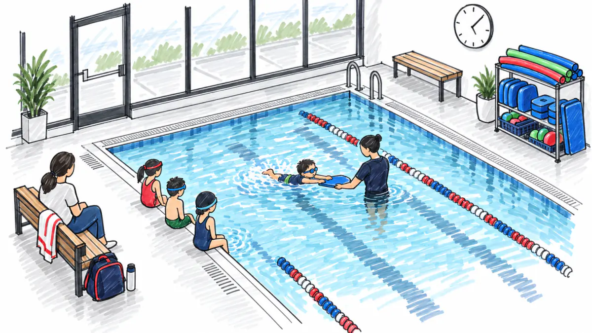 Marker sketch of an instructor in a pool guiding a child with a kickboard while a parent watches from a bench on the deck