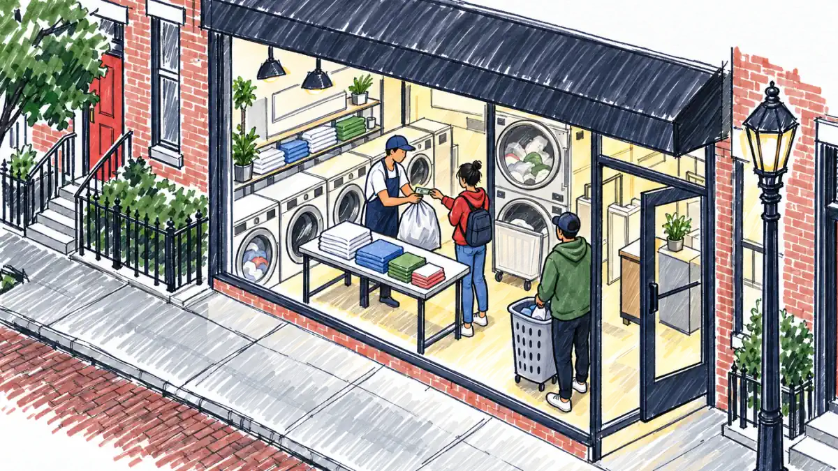 A laundromat founder takes a stuffed laundry bag and cash from a young renter at a folding table, washers behind