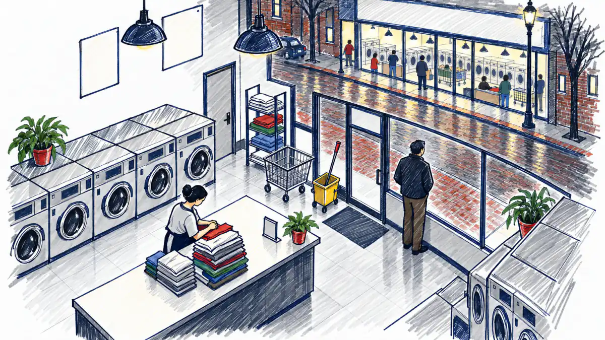 A laundromat owner at the window eyes a busier rival across the street while an attendant folds shirts behind him