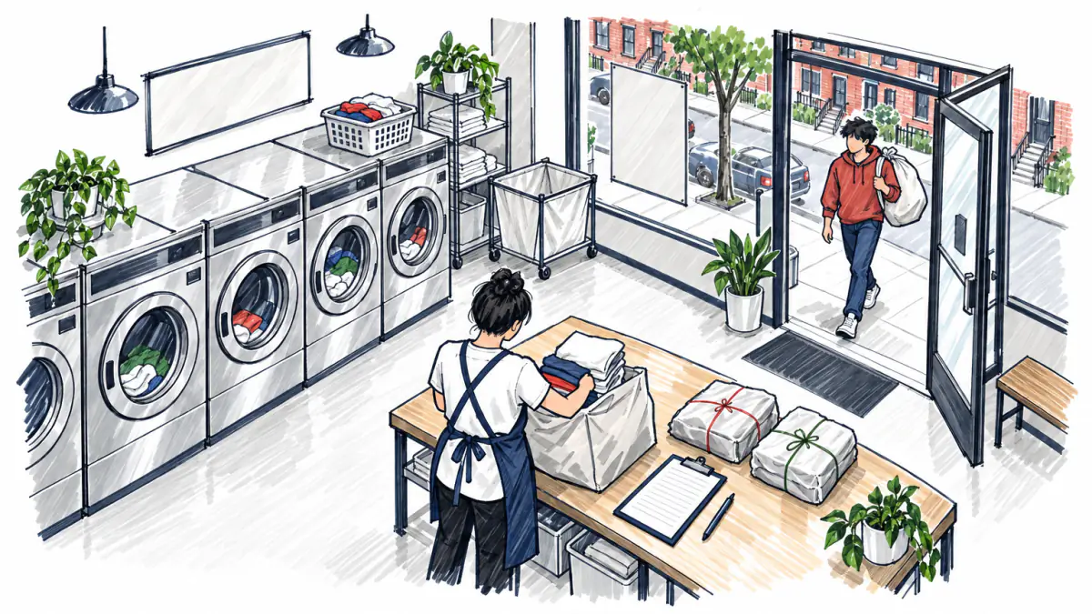 Wash-and-Fold Drop-Off Counter, AI illustration Marker sketch of a laundromat counter where a worker folds shirts while a renter with a laundry bag walks in from an apartment street