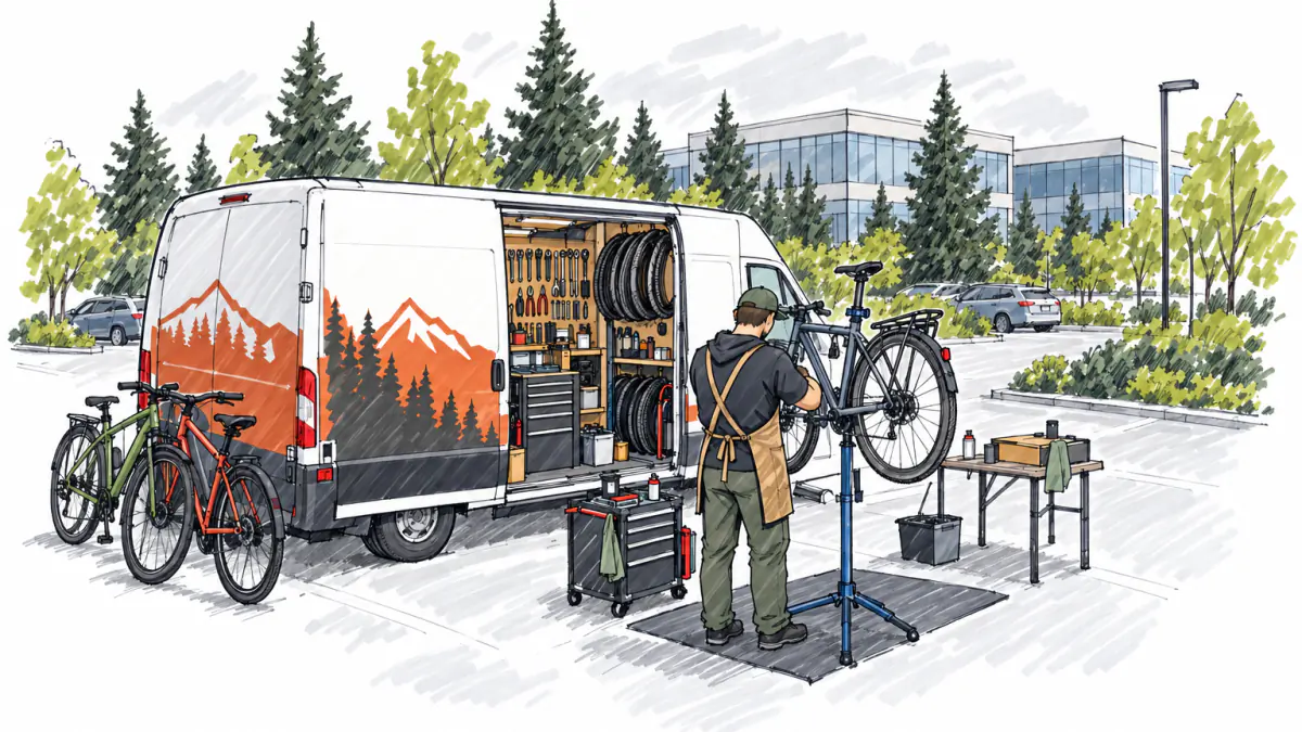 Marker sketch of a mechanic tuning a bicycle beside an open repair van in an office park lot, other bikes leaning nearby