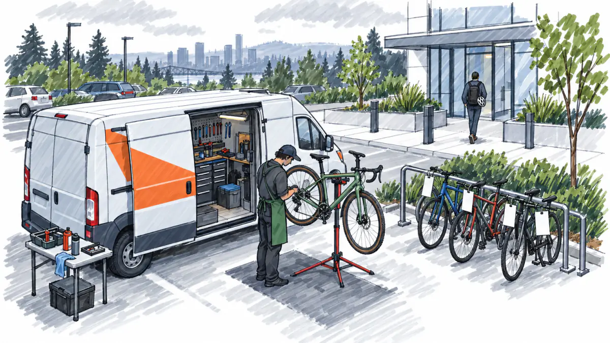 Marker sketch of a repair van in an office parking lot, a mechanic tuning a bike on a stand while a commuter walks to work