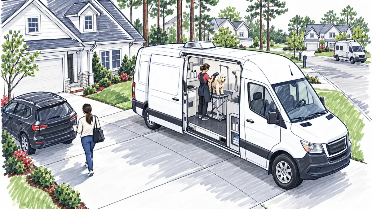 Marker sketch of a grooming van in a suburban driveway, a groomer drying a dog inside as the owner walks to a car