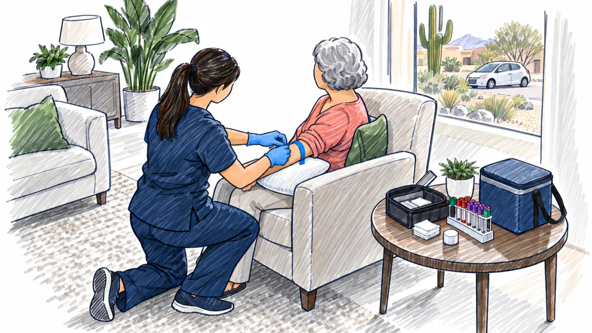 Home Blood Draw in a Desert Suburb, AI illustration A phlebotomist drawing blood from a seated senior in a sunny living room, with a rack of tubes and a cooler bag nearby