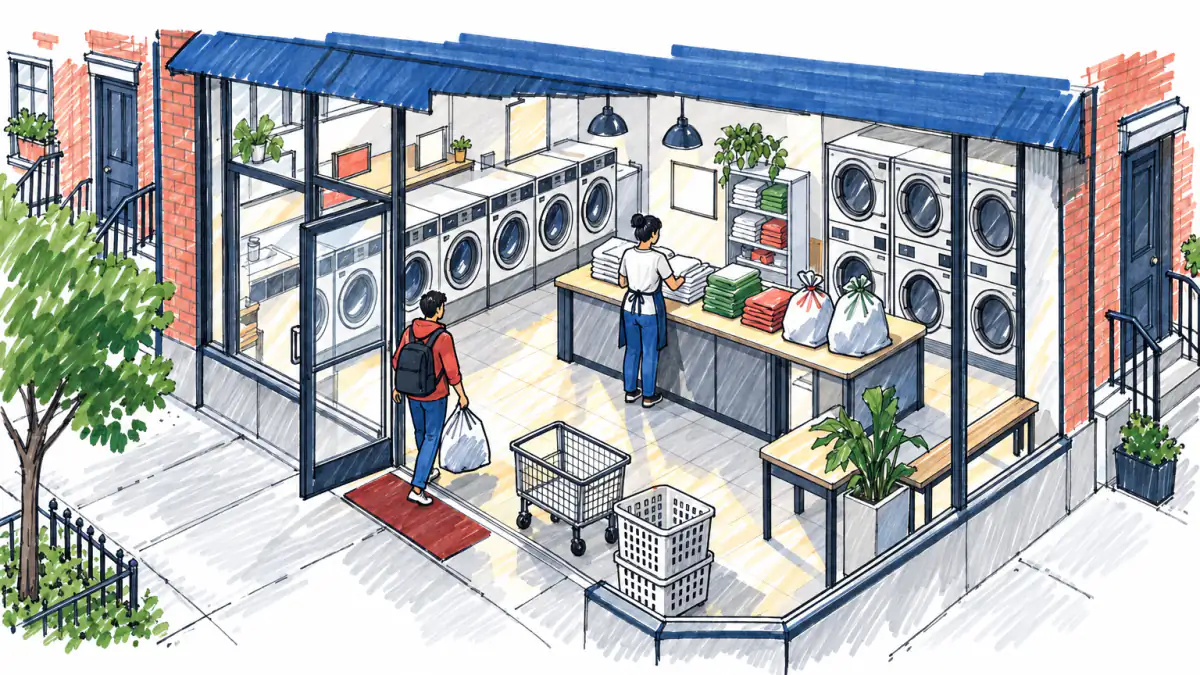 Wash-and-Fold Shop on a Renter Street: AI illustration Marker sketch of a small laundromat with washers and dryers, an attendant folding towels, and a renter carrying in a laundry bag
