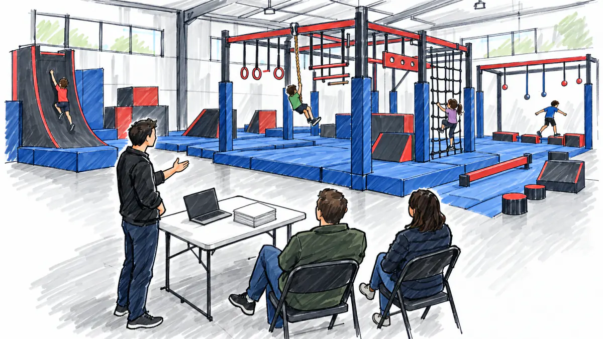 Marker sketch of a warehouse obstacle gym with kids climbing while a founder talks to two seated investors at a folding table