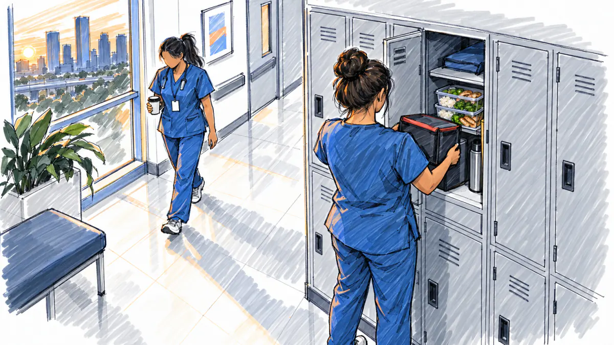 Marker sketch of a nurse in scrubs taking an insulated box of ready meals from a hospital locker at dawn