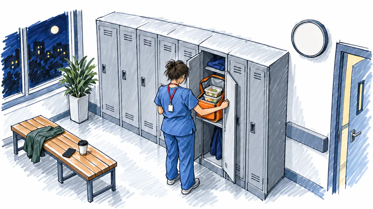 Marker sketch of a nurse in scrubs opening a staff locker at night to find an insulated box of ready meals inside