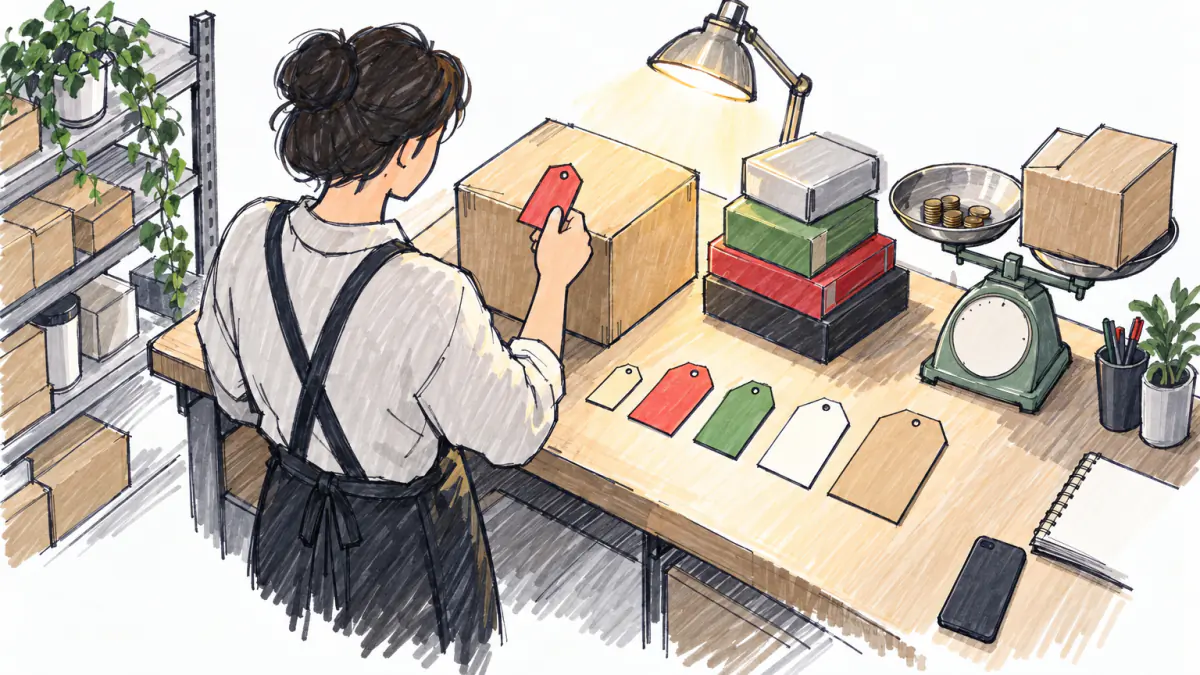 Marker sketch of a shop owner at a workbench holding a blank tag over a product box, rival products and a coin scale nearby