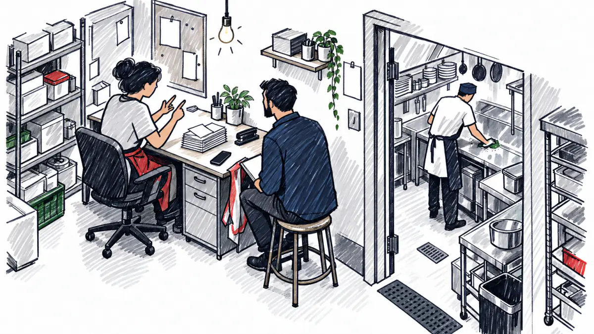 Marker sketch of a restaurant owner counting on her fingers in a cramped back office while a founder listens with a notebook