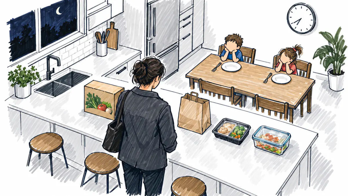 Marker sketch of a parent in a kitchen choosing between a meal kit, takeout bag, frozen meal and leftovers while two kids wait at the table