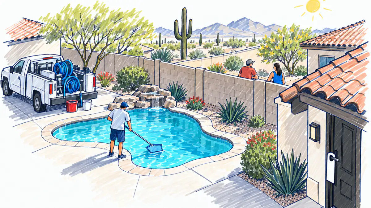 Marker sketch of a technician skimming a backyard pool, a service truck, a door hanger on a door and two neighbors chatting by a fence