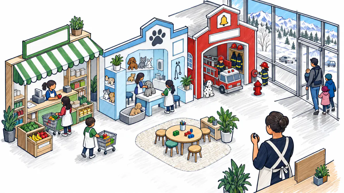 Children play in a kid-size grocery and fire station while the owner counts arriving families with a tally counter