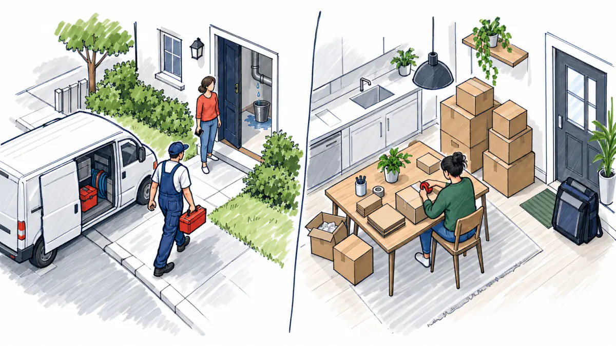 House Call Versus Mail-Order Packing, AI illustration Sketch split in two: a plumber walks from his van to a waiting homeowner, and a seller tapes parcels at a kitchen table