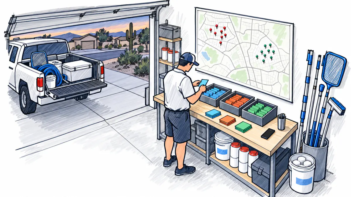 Marker sketch of a pool route owner sorting colored cards into three trays under a wall map with two clusters of pins