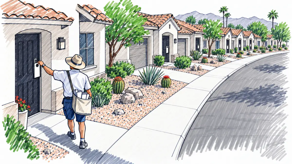 Marker sketch of a man seen from behind carrying a bag of blank door hangers along a row of stucco houses at dawn