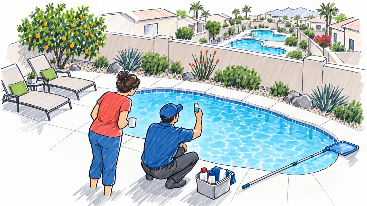 Marker sketch of a pool technician showing a water test vial to a homeowner beside a blue backyard pool, more pools beyond the wall