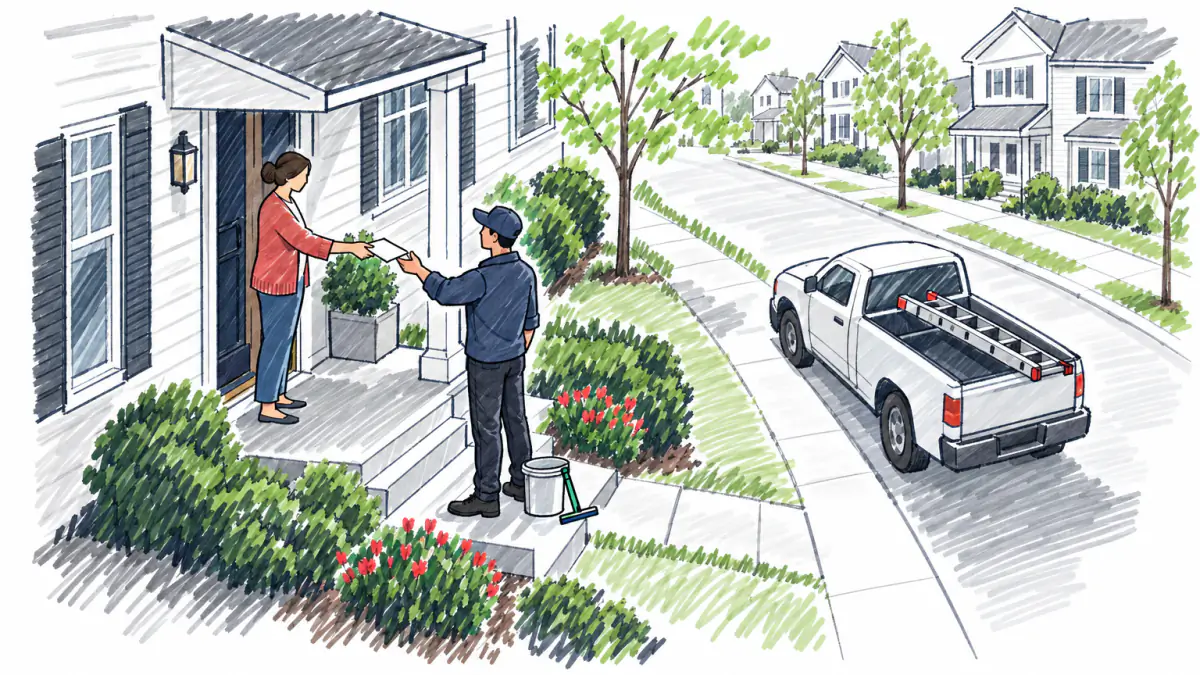 A Spring-Clean Deposit Before the Big Purchase, AI illustration A homeowner on a porch handing a deposit envelope to a window cleaner holding a bucket, a pickup with a ladder at the curb