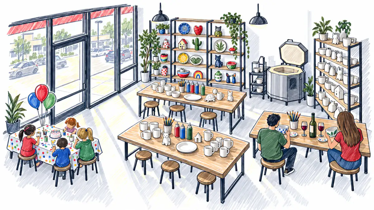Marker sketch of a pottery painting studio with kids at a birthday table and two adults painting bowls over wine