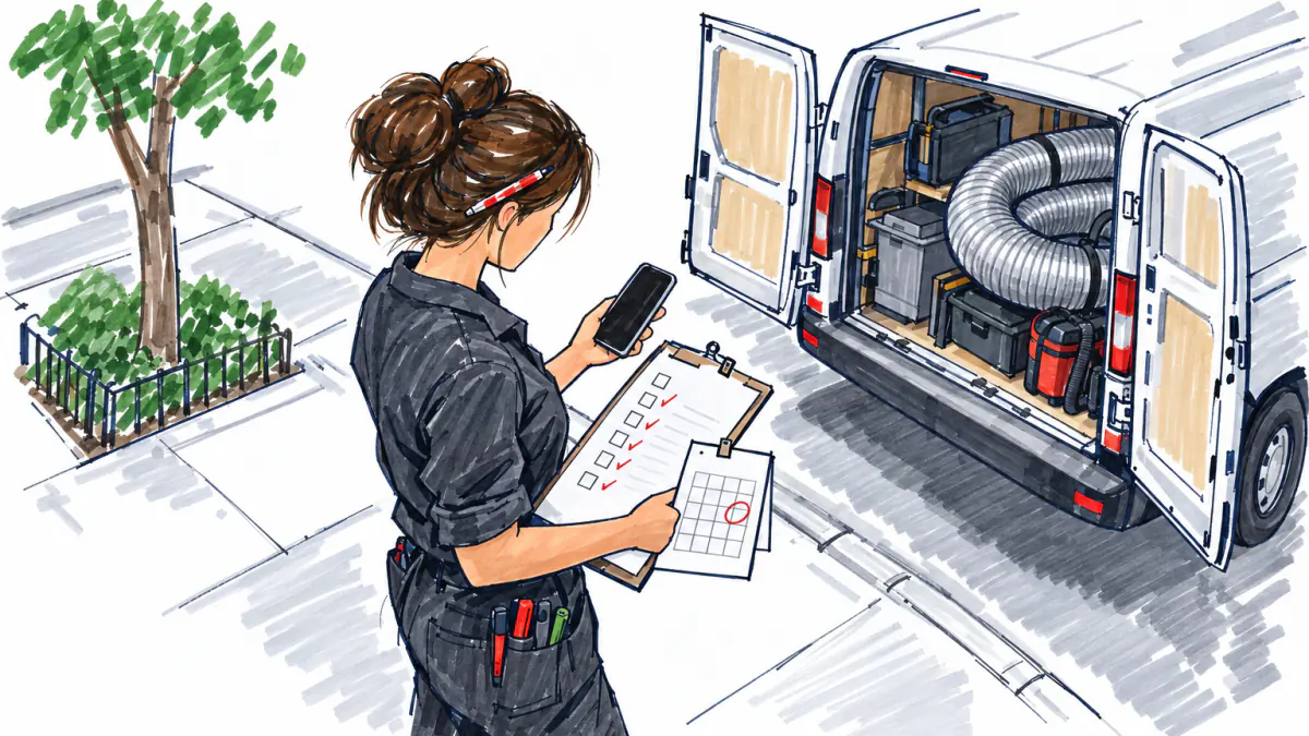 Marker sketch of a woman on a sidewalk by a van, checking a simple page on her phone while holding a ticked clipboard