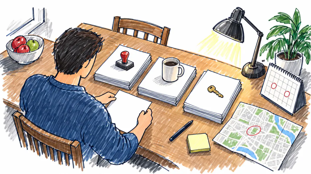 Marker sketch of a person at a kitchen table sorting three stacks of blank forms beside a stamp, a mug, a key and a folded map