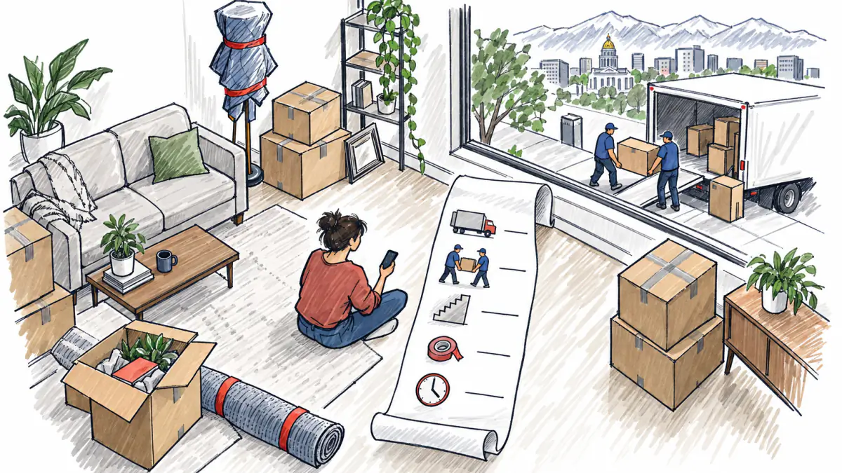 Marker sketch of a renter among moving boxes holding a phone beside a long itemized receipt, movers and a truck outside the window