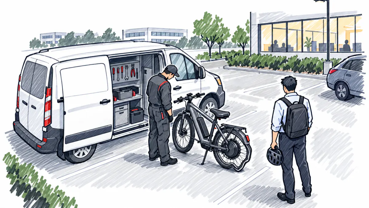 A mechanic at an open repair van frowning at an e-bike with a buckled rear wheel while its rider waits holding a helmet