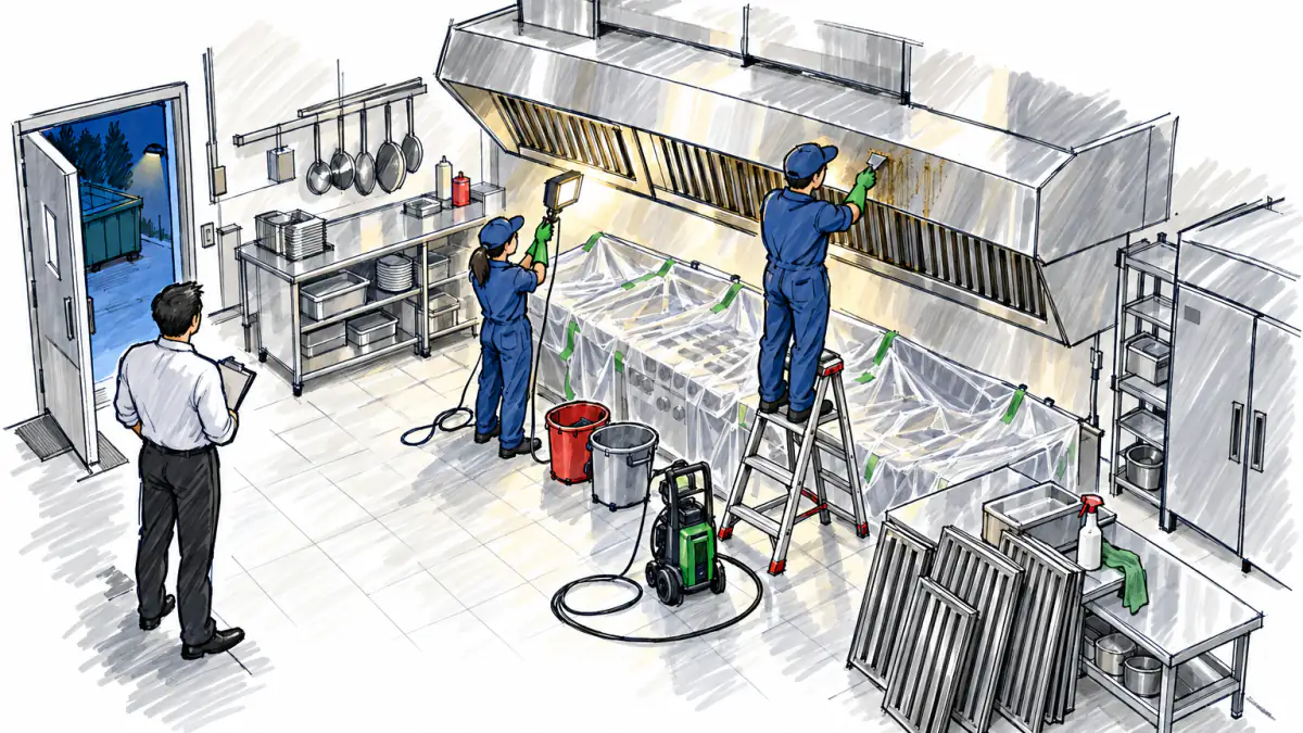 Marker sketch of two workers cleaning a steel restaurant exhaust hood at night while an owner watches from the back door