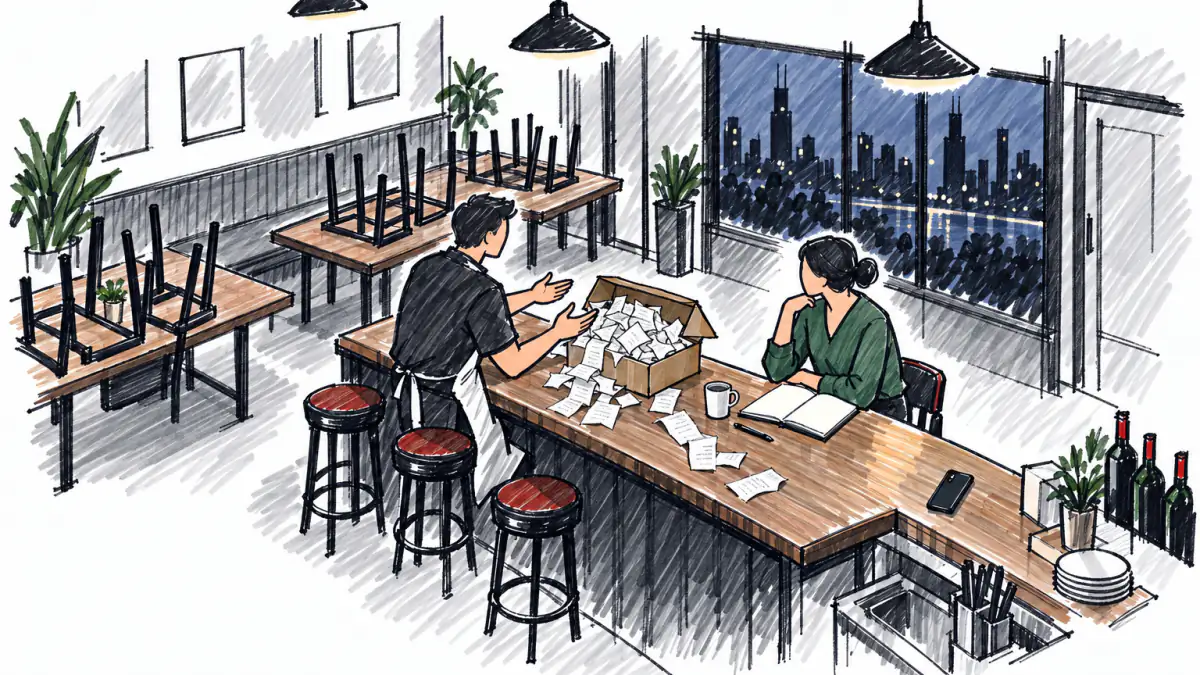Marker sketch of two people at a restaurant bar after closing, one taking notes beside a shoebox overflowing with paper receipts