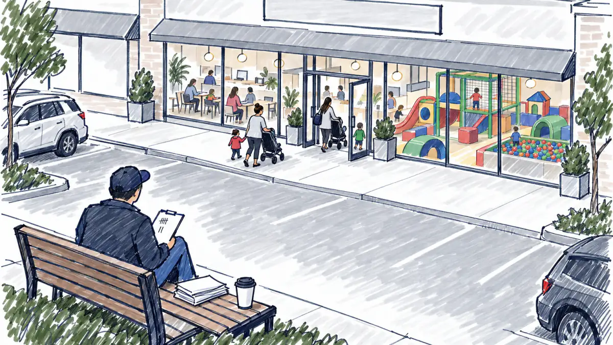 Marker sketch of a person on a bench with a clipboard, watching parents and toddlers enter a strip-mall play café