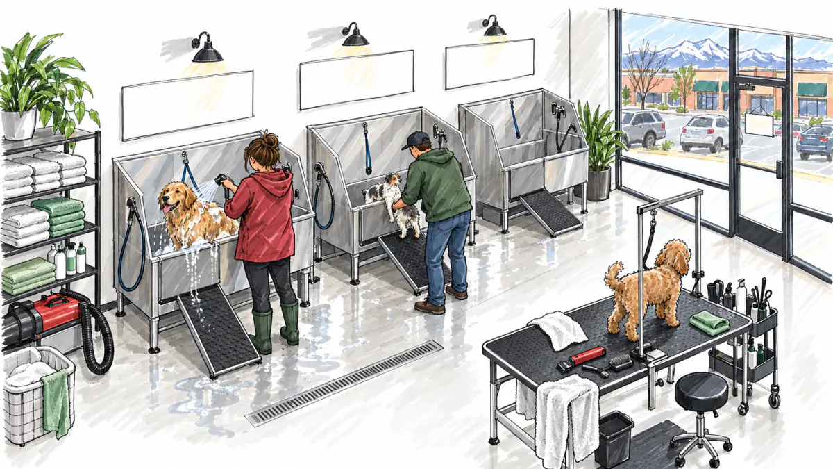 Suds and Sprayers at the Strip-Mall Dog Wash: AI illustration Marker sketch of owners bathing dogs in raised steel tubs inside a bright storefront, with a grooming table and towels
