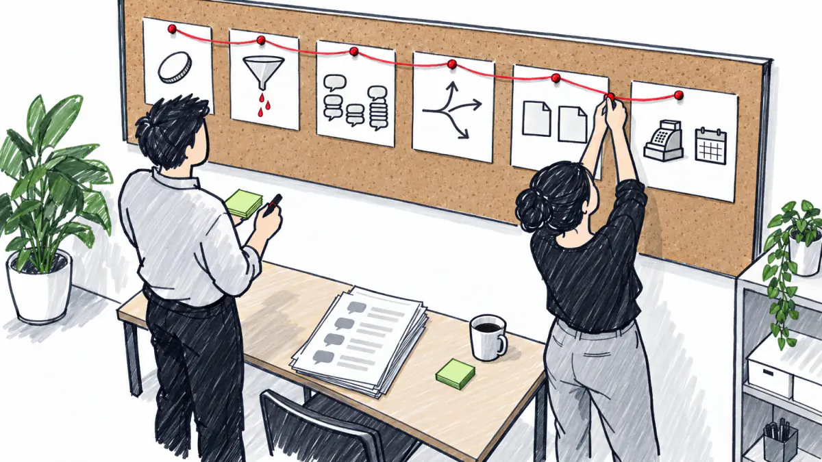 Marker sketch of two people at a corkboard linking six pinned pictogram cards with red yarn above a desk with papers and a mug
