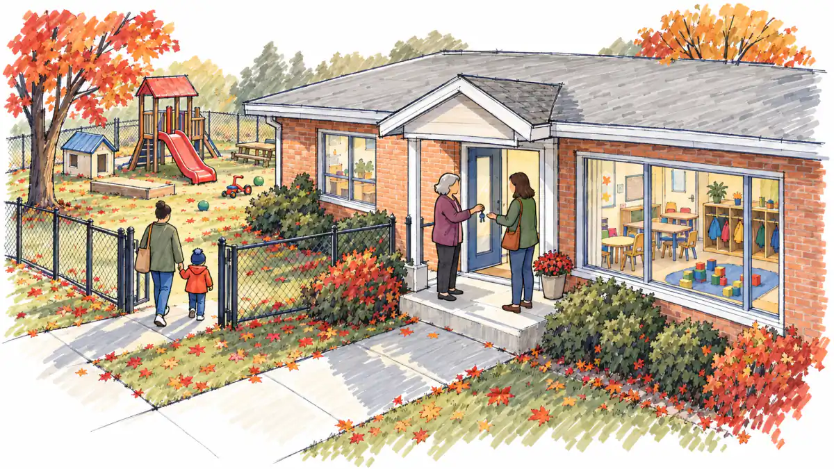 Handing Over the Keys to a Small-Town Daycare, AI illustration Marker sketch of a small brick daycare with a playground, an older woman handing keys to a new owner as a parent brings a toddler