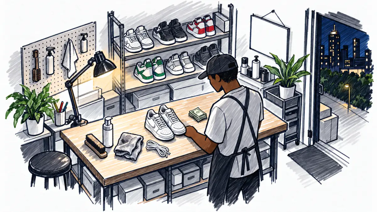 A workshop owner placing one cleaned pair of sneakers between used cleaning supplies and a few folded bills on a bench