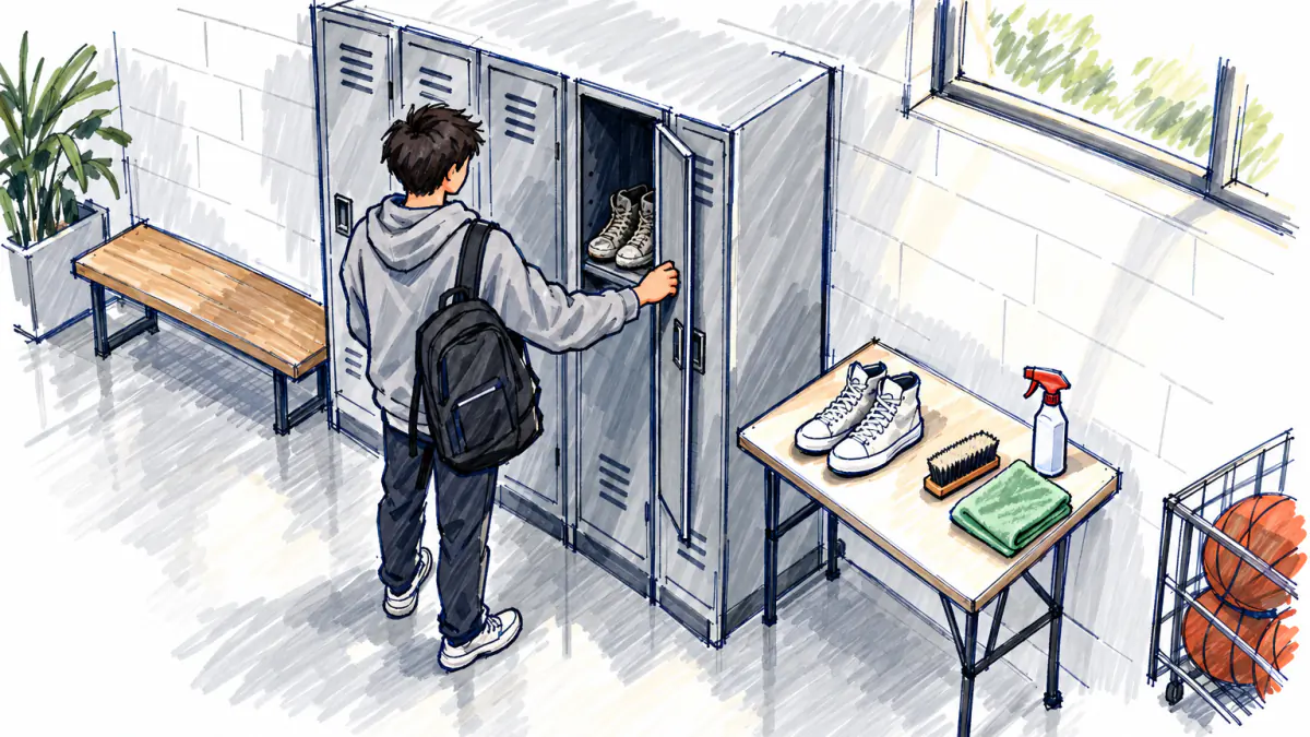 Marker sketch of gym hallway lockers, one open with worn sneakers, a table with a restored pair and cleaning brush, a student reaching in