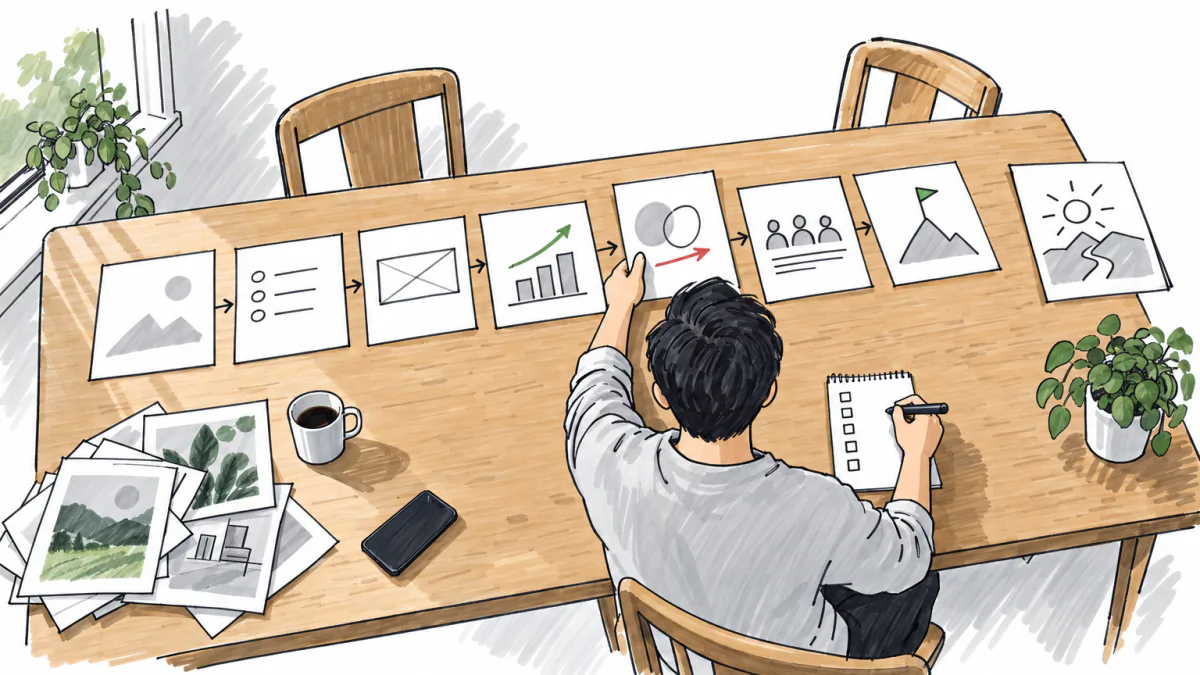 Marker sketch of a person arranging a row of slide sheets on a table beside a five-box checklist, with rejected sheets piled aside