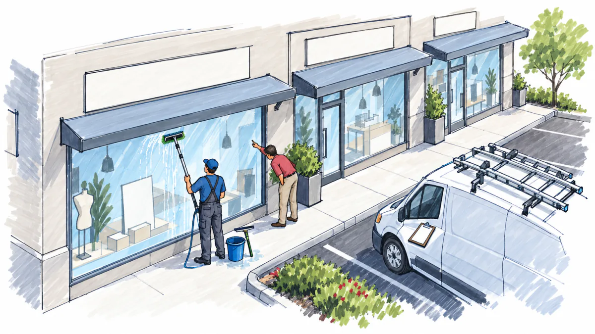 Storefront Route Clean With an Owner's Streak Check, AI illustration Sketch of a window cleaner with a pole at a storefront while the shop owner inspects the glass, a van with ladders at the curb