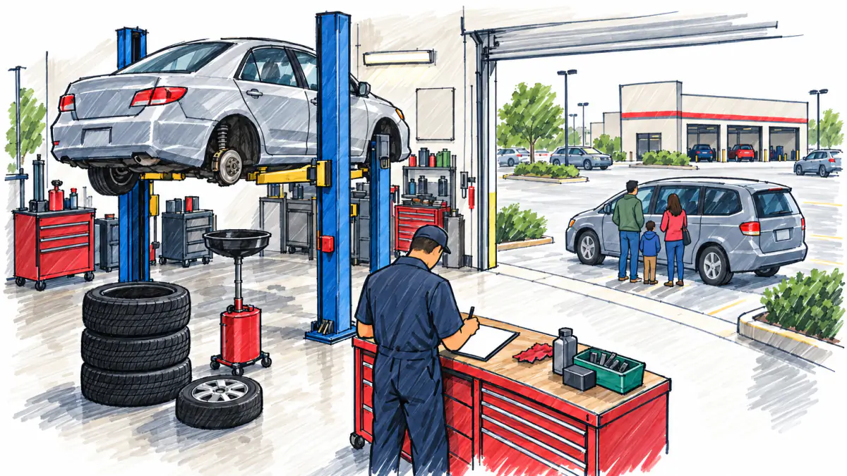 Neighborhood repair bay on estimate day, AI illustration Marker sketch of a strip-mall repair bay with a car on a lift, a mechanic writing an estimate, and a family waiting outside