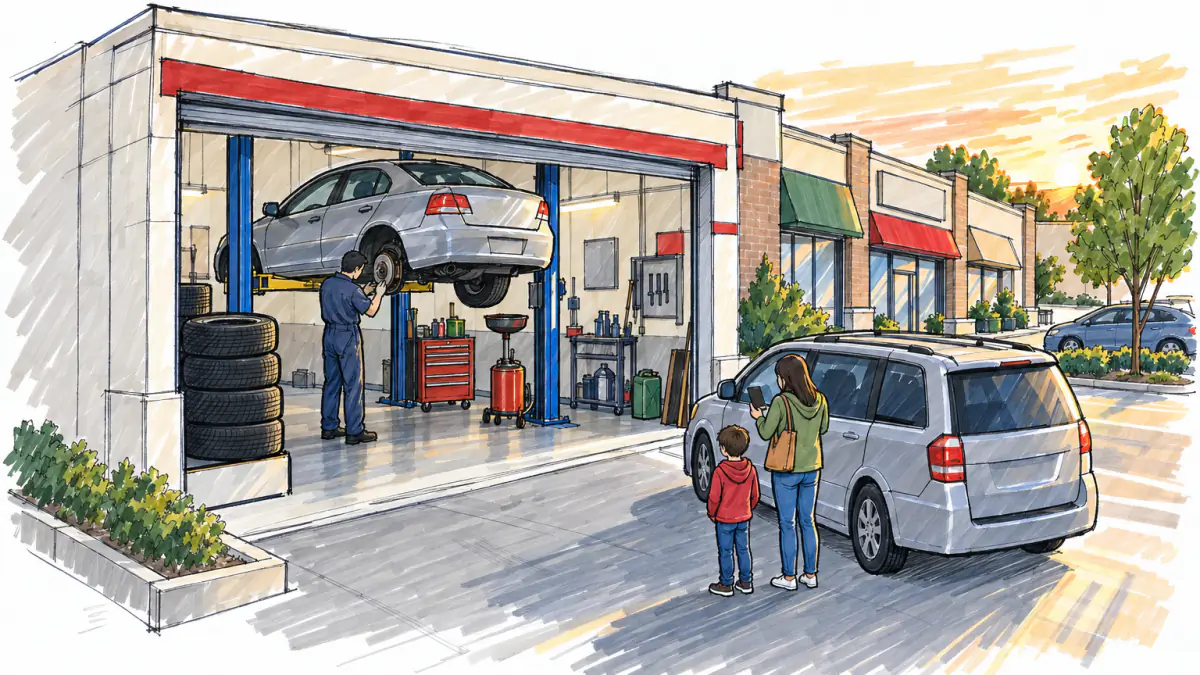 Neighborhood Repair Bay at Dusk, AI illustration Marker sketch of a strip-mall auto repair bay with a car on a lift, a mechanic at the brakes and a mother and child waiting outside