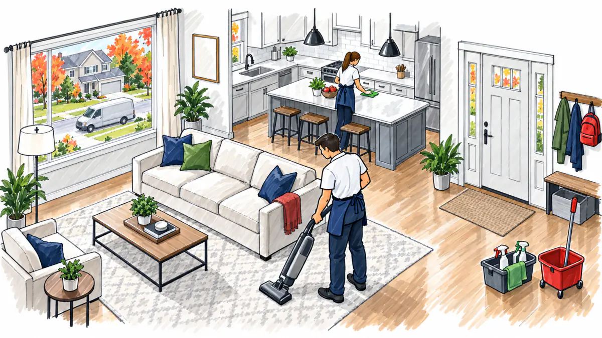 Marker sketch of two cleaners vacuuming and wiping a kitchen in a sunny suburban home, with a supply caddy and a van outside