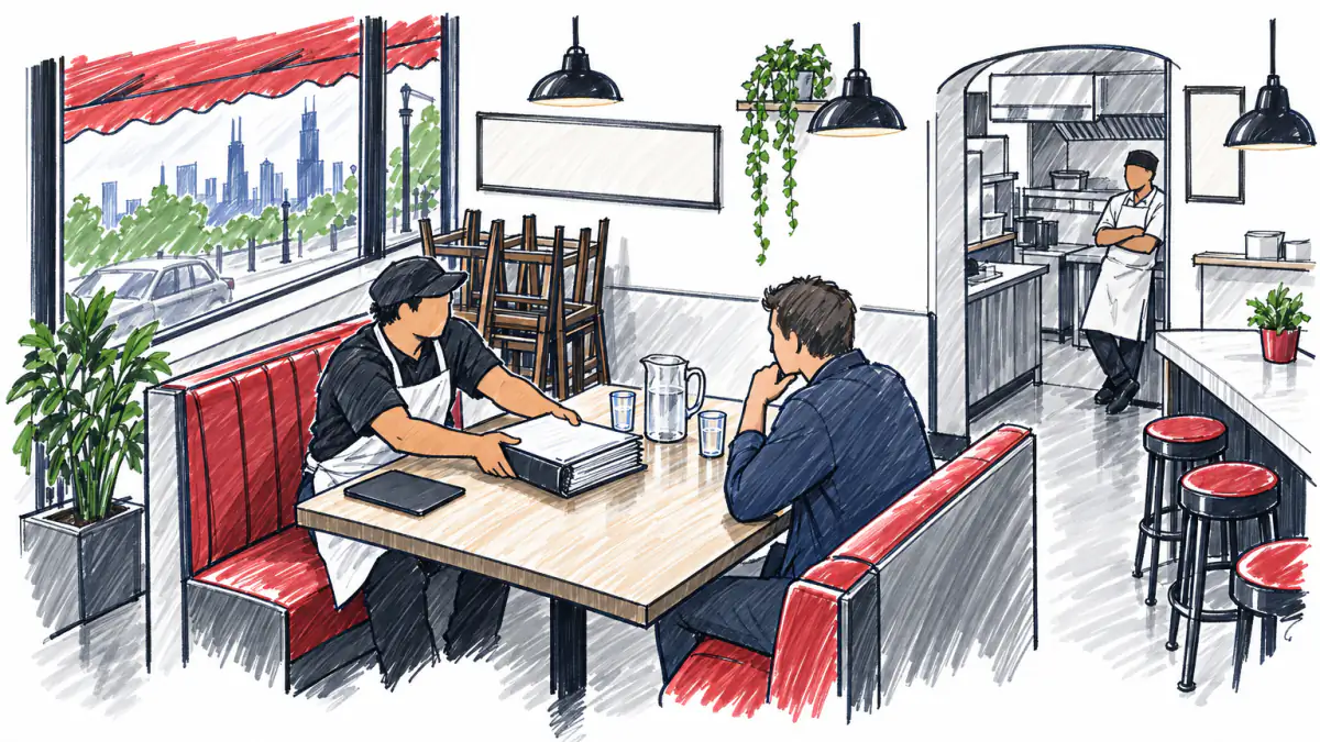 Marker sketch of a taqueria owner sliding a thick binder of paper records across a booth to a founder, a dark tablet beside him